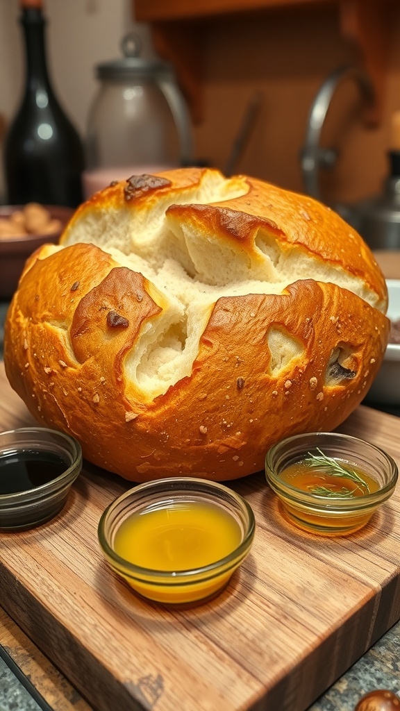 Classic Jordan Bread Recipe Freshly baked Jordan bread on a wooden board with olive oil and herbs for dipping.